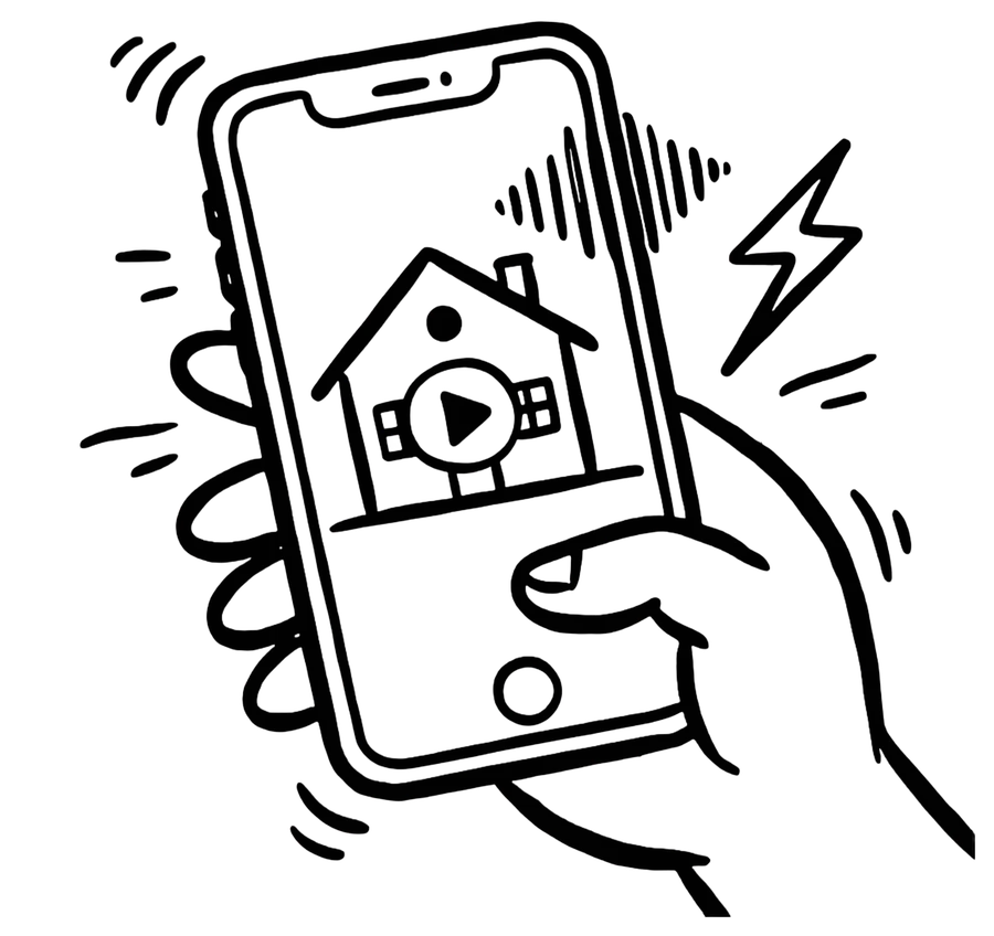 Doodle of a hand holding a phone playing a hook video