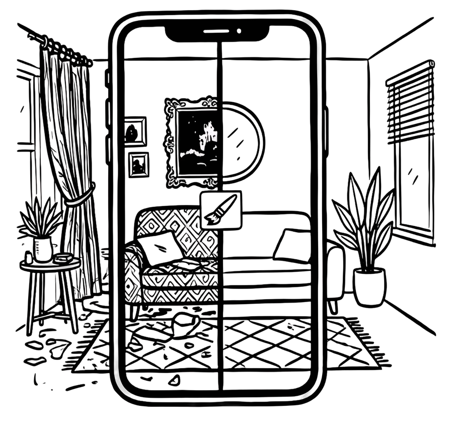 Doodle of a phone showing two contrasting room styles